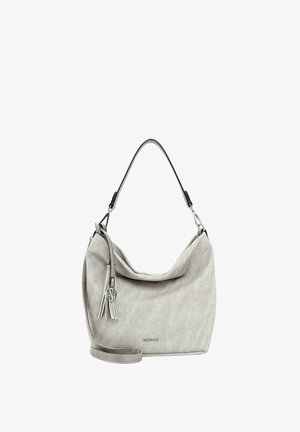 Sac à main en tissu gris avec une forme souple et décontractée. Comprend une bandoulière amovible, un pompon décoratif et des accents en métal argenté.