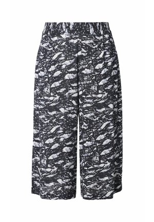 Černobílé vzorované kalhoty culottes s elastickým pasem, vyrobené z texturované tkaniny a se dvěma postranními kapsami. Uvolněný střih a délka do kolen.