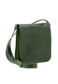 Borsa crossbody in pelle verde con finitura lucida, forma quadrata, tracolla regolabile e dettagli di cucitura a contrasto.