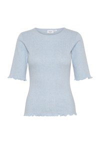 Ljusblå, figursydd stickad topp med korta volangärmar och fåll, med ett subtilt vertikalt mönster och rund halsringning.