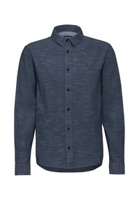Camicia a maniche lunghe con bottoni in tessuto blu navy scuro, con un motivo testurizzato, caratterizzata da un colletto classico e bottoni neri lungo la parte anteriore.