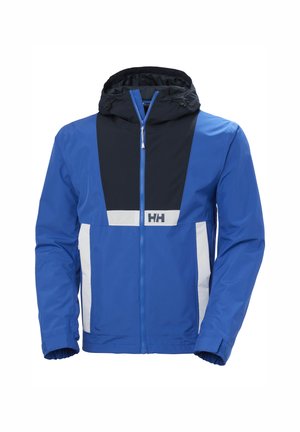 Blaue wasserdichte Jacke mit Kapuze, schwarzem Brustpanel, weißen Akzenten und elastischen Bündchen. Mit Reißverschluss vorne.