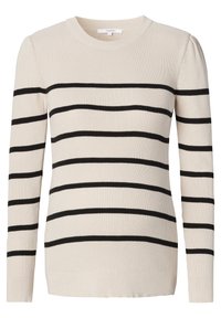 Pull beige côtelé à manches longues avec rayures horizontales noires et encolure ronde, taille petite.