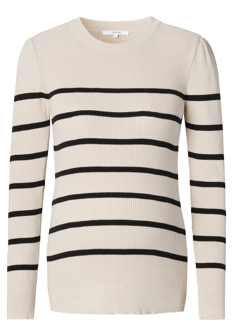 Pull beige côtelé à manches longues avec rayures horizontales noires et encolure ronde, taille petite.