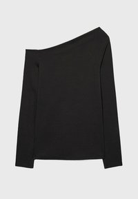 Asymmetrisches schwarzes Langarmoberteil aus weichem Material; hat einen schulterfreien Ausschnitt und ein schlichtes Design ohne Muster oder Akzente.