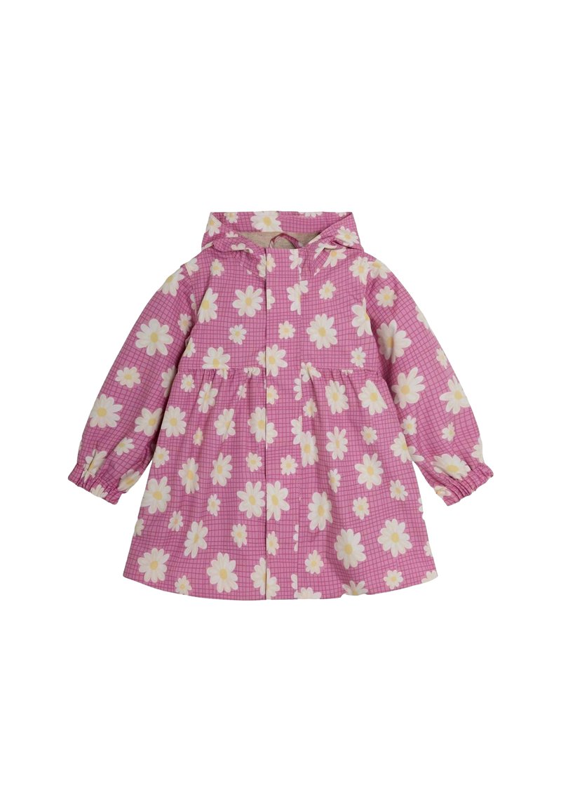 Růžový plášť s květinovým vzorem, vybavený kapucí, elastickými manžetami a patentním uzávěrem. Vyrobeno z voděodolného materiálu s kostkovaným designem.