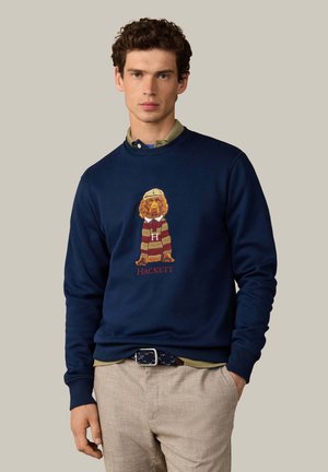 Young man wearing a navy blue sweatshirt with a dog in a striped sweater and cap design and beige checkered pants with his hand in pocket.