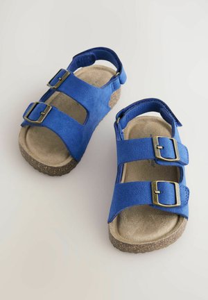 Sandali in suede blu con due cinturini regolabili a fibbia, una soletta marrone testurizzata e una suola simile al sughero, caratterizzati da un design open-back.