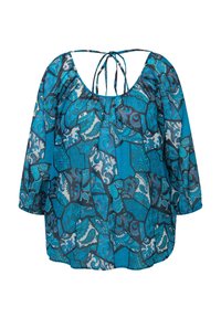 Blaue gemusterte Bluse mit lockerer Passform, langen Ärmeln, offenem Rücken mit Bindeschnürung und einer Mischung aus Paisley- und geometrischen Formen.