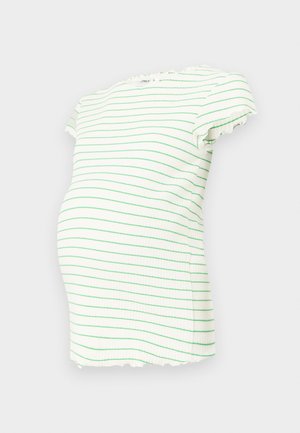 Hvid stribet graviditetstop med korte, bølgede ærmer. Grønne vandrette striber detaljerer stoffet, som har en struktureret, ribbet overflade.