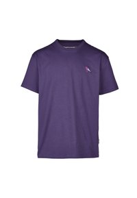 Lila Baumwoll-T-Shirt mit kurzen Ärmeln und Rundhalsausschnitt, ausgestattet mit einem kleinen pinken Vogeldesign auf der Brust. Glatte Textur, lässige Passform.
