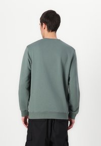 Felpa verde con maniche lunghe, collo a giro e polsini a costine. Texture morbida, design semplice, indossata con pantaloni cargo scuri.