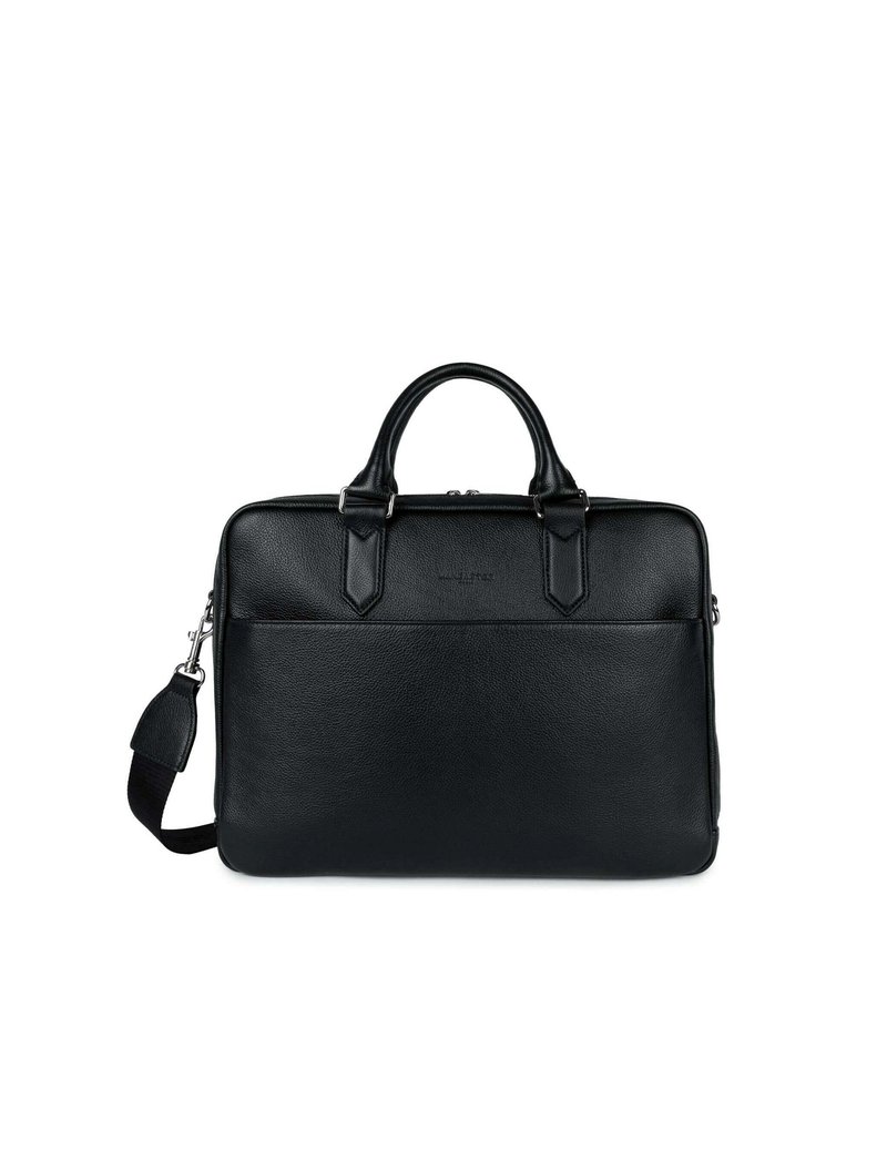 Borsa per laptop in pelle nera con doppie impugnature superiori, tracolla removibile, chiusura zipper e tasca frontale. Texture liscia con accenti minimi.