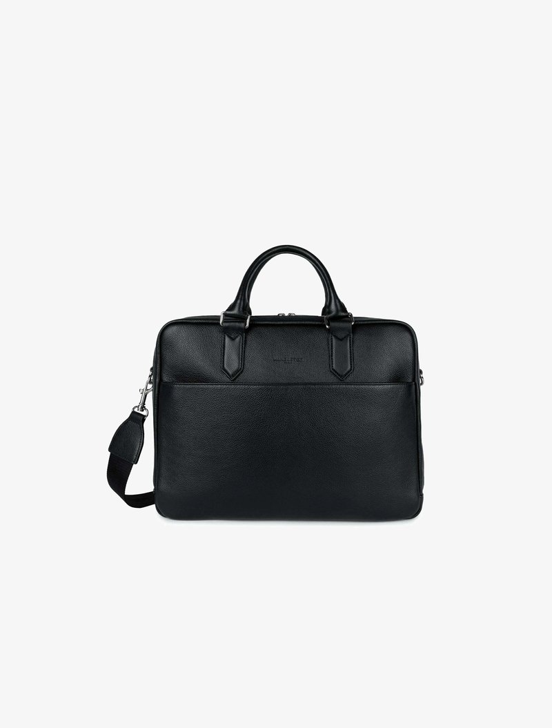 Borsa per laptop in pelle nera con doppie impugnature superiori, tracolla removibile, chiusura zipper e tasca frontale. Texture liscia con accenti minimi.
