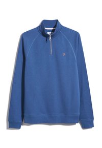 Pull polaire bleu avec une demi-fermeture éclair, manches raglan et un petit logo. Texture douce avec poignets et ourlet côtelés.