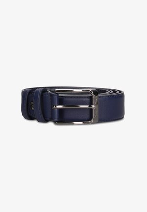 Cintura in pelle blu navy arrotolata con fibbia rettangolare in metallo argentato e due passanti, su sfondo bianco.