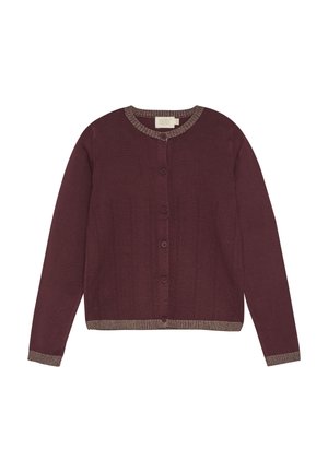 Bordeauxfarbener Cardigan mit rundem Ausschnitt, Knopfverschluss und strukturierten vertikalen Streifen. Akzentuiert mit einem helleren Rippbesatz an den Bündchen und dem Saum.