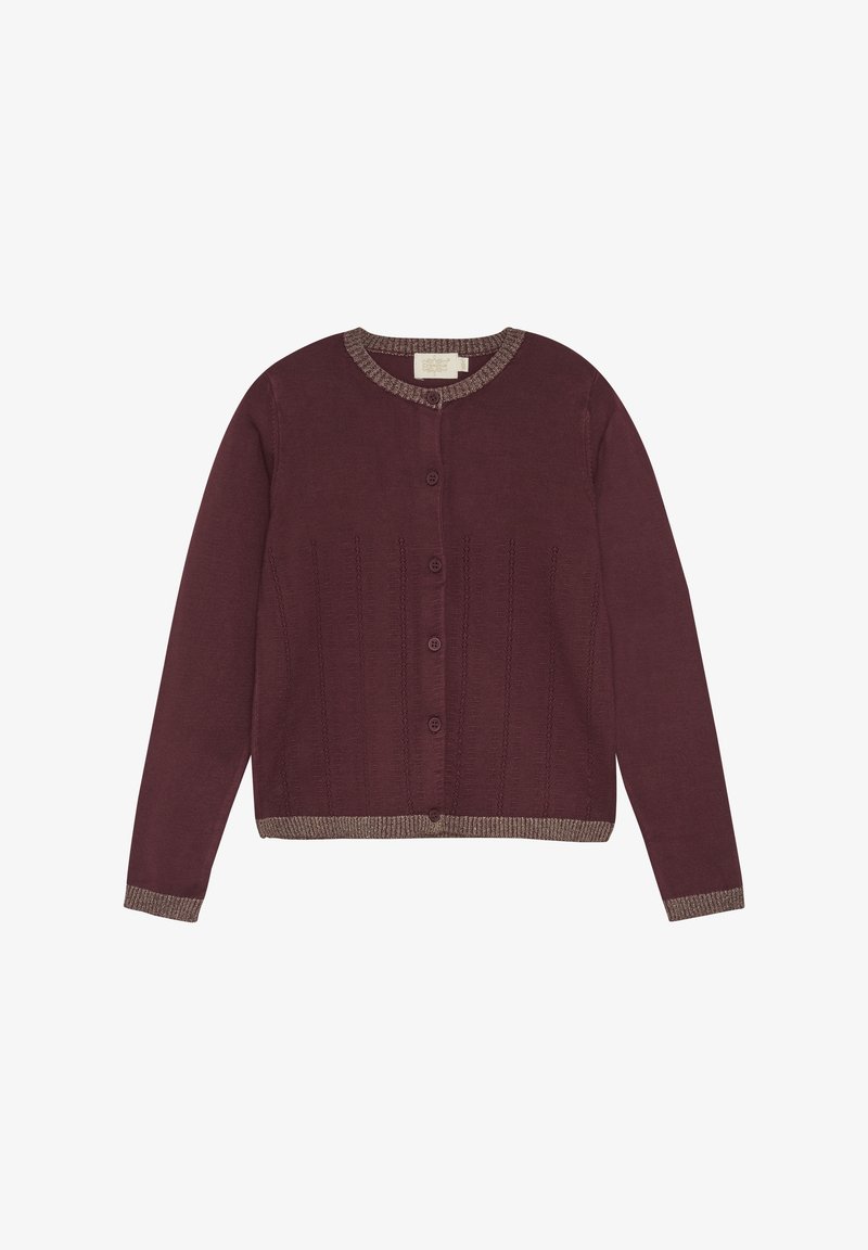 Rödbrun kardigan med rund halsringning, knäppning framtill och strukturerade vertikala ränder. Accentuerad med en ljusare ribbad trim vid ärmslut och nederkant.