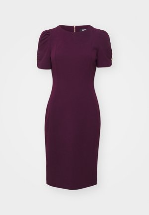 Plum shift dress with short puff sleeves, round neckline, and gold button accents at the shoulders. Smooth, structured fabric, knee-length.