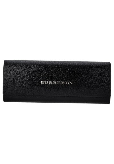 Black leather wallet featuring a textured surface, magnetic snap closure, and embossed "Burberry" logo on the front.