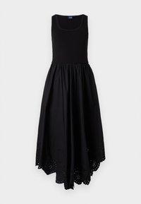 Black sleeveless dress with a fitted top and a flowing skirt. The hem features eyelet detailing for added texture and design interest.