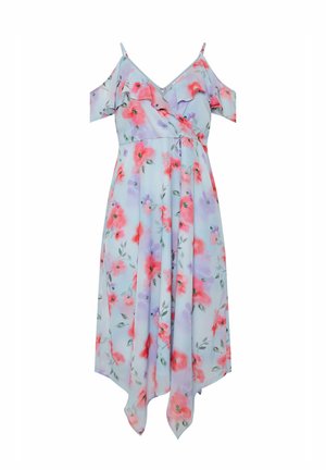 Vestito azzurro chiaro con spalle scoperte, decorato con fiori rossi e viola, scollo arricciato, spalline sottili e orlo asimmetrico a fazzoletto.