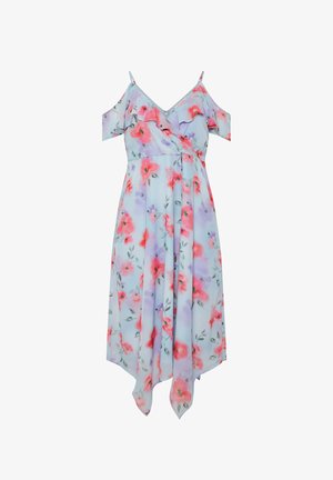 Vestito azzurro chiaro con spalle scoperte, decorato con fiori rossi e viola, scollo arricciato, spalline sottili e orlo asimmetrico a fazzoletto.