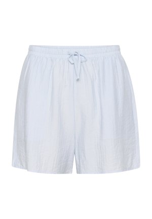 Light blue cotton shorts with an elastic waistband, drawstring detail, and a relaxed fit; textured, airy fabric.