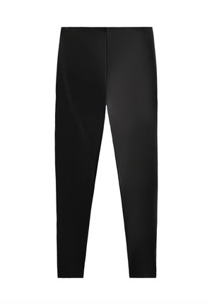 Leggings atletice negre dintr-un material neted și elastic. Acestea au o formă ajustată și dungi texturate diagonale pe părțile laterale.