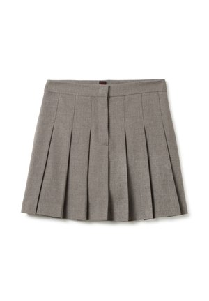 Grijze geplooide mini-rok met tailleband en verborgen voor sluiting, tentoongesteld op een witte achtergrond.