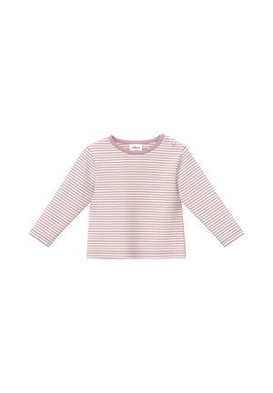 Long-sleeve baby shirt with pink and white horizontal stripes and shoulder snap buttons for easy dressing.