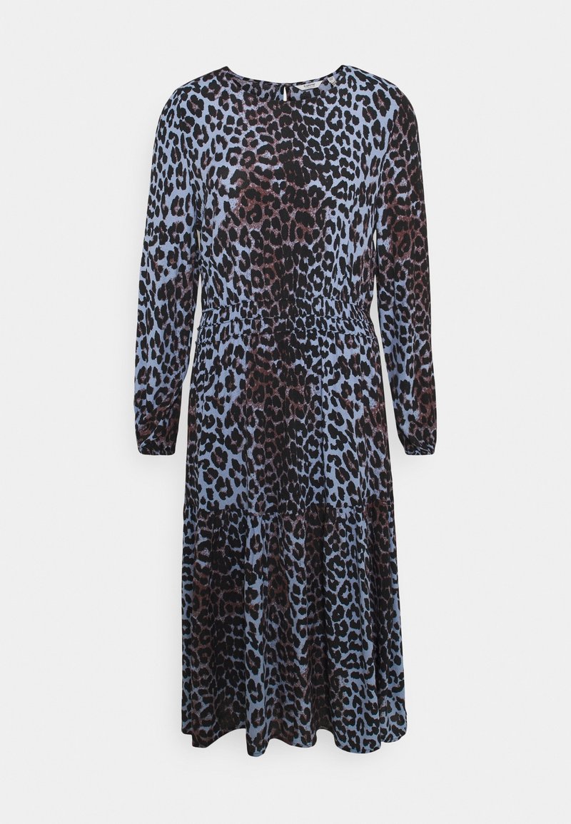 Robe midi à manches longues avec taille froncée, présentant un motif léopard bleu et noir et un col rond.