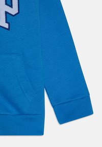 Sweatshirt de algodão azul com um bolso frontal, punhos canelados e uma textura suave. Inclui um grande detalhe em letra branca bordada.