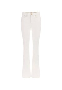 White high-waist flare jeans with button closure, front and back pockets, and belt loops on a plain white background.