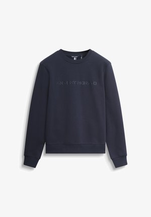 Felpa blu navy realizzata in tessuto morbido, con logo del marchio impresso sul fronte e scollo a girocollo. Polsini e orlo a coste.