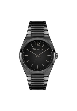 Montre en acier inoxydable noir avec un cadran rond, un design minimaliste, des accents argentés et un bracelet à maillons. Affiche l'heure de manière claire avec un marqueur à 12 heures.