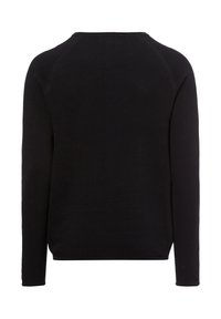 Maglione nero a maniche lunghe realizzato in tessuto testurizzato. Presenta un collo girocollo e maniche raglan, con un design posteriore pulito e senza cuciture.