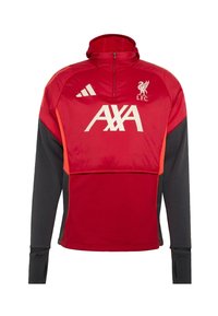 Red and black athletic jacket with a half-zip design, featuring the L.F.C. logo and AXA branding in white. Made from smooth, lightweight fabric.