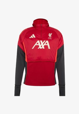 Red and black athletic jacket with a half-zip design, featuring the L.F.C. logo and AXA branding in white. Made from smooth, lightweight fabric.