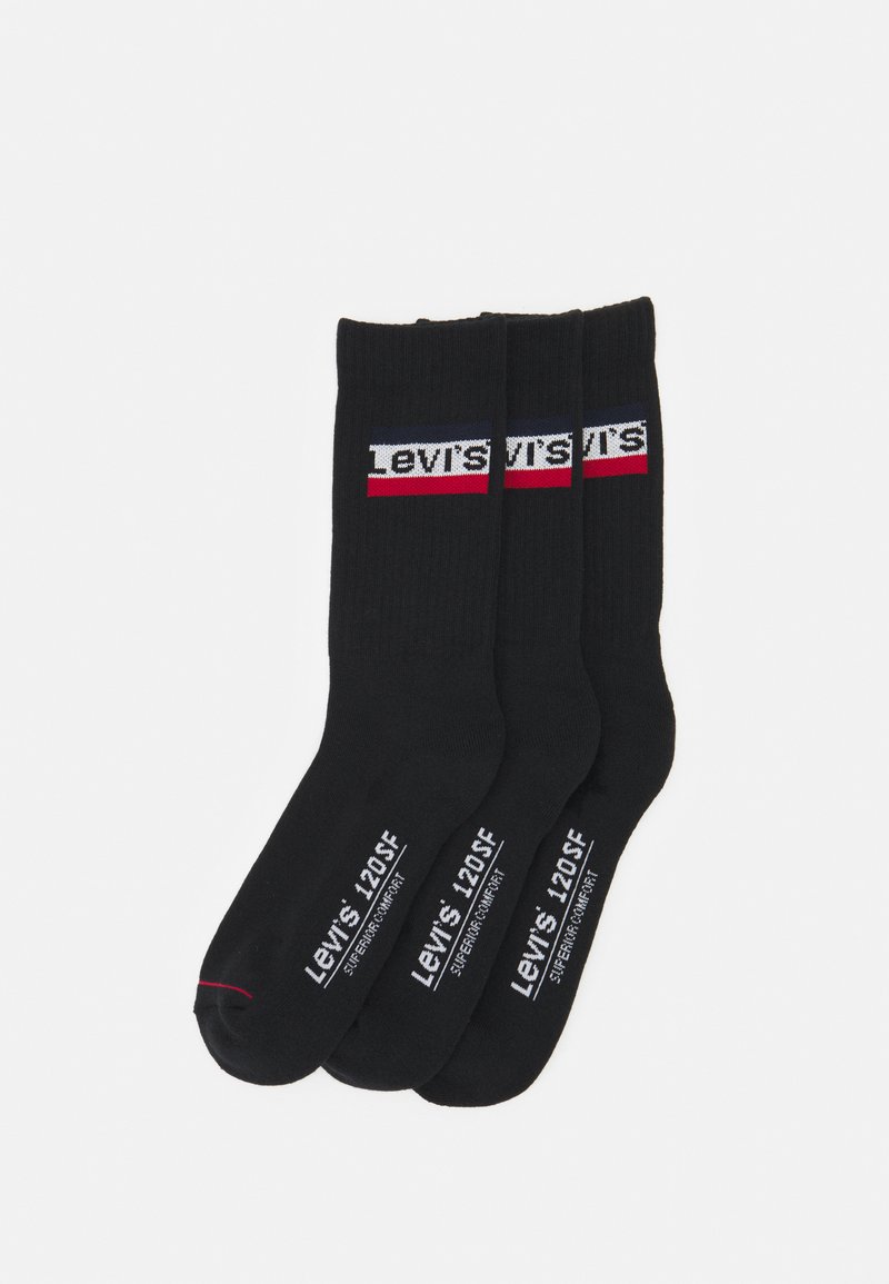 Drei Paare schwarzer Baumwollsocken mit einem weißen und roten Levi's-Logo in der Mitte und Größenangaben auf den Sohle.