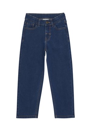 Dunkelblaue Denim-Jeans mit geradem Bein, ausgestattet mit orangen Nähten, Fronttaschen und einem Knopfverschluss.