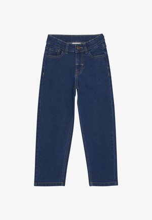 Džínsy v tmavomodrej farbe so striedmym strihom, s oranžovými stehmi, prednými vreckami a zapínaním na gombík.