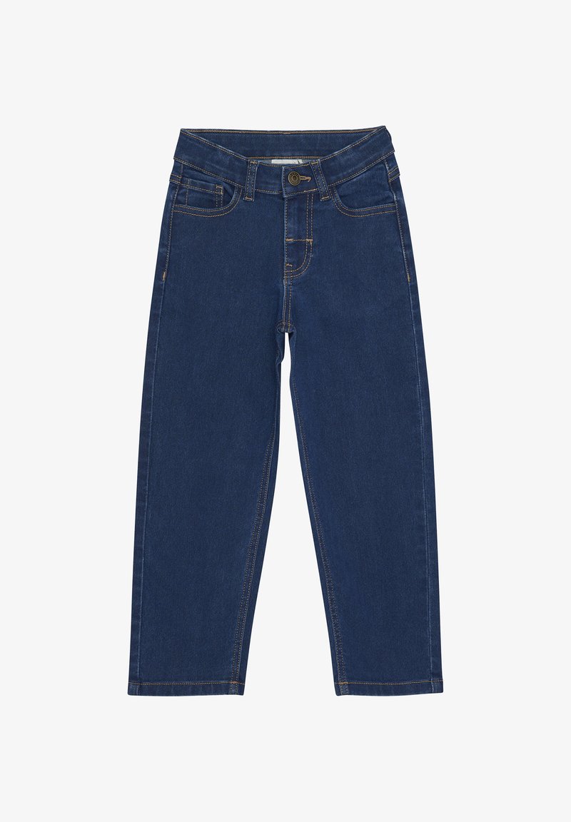 Tumedate teksad sirge jala, millel on oranž õmblus, eesmine taskud ja nupuga sulgemine.