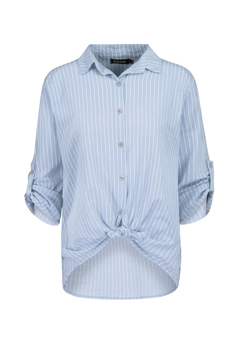 Light blue, short-sleeve button-up shirt with white stripes, knotted front detail, and rolled sleeves. Soft fabric with a casual silhouette.