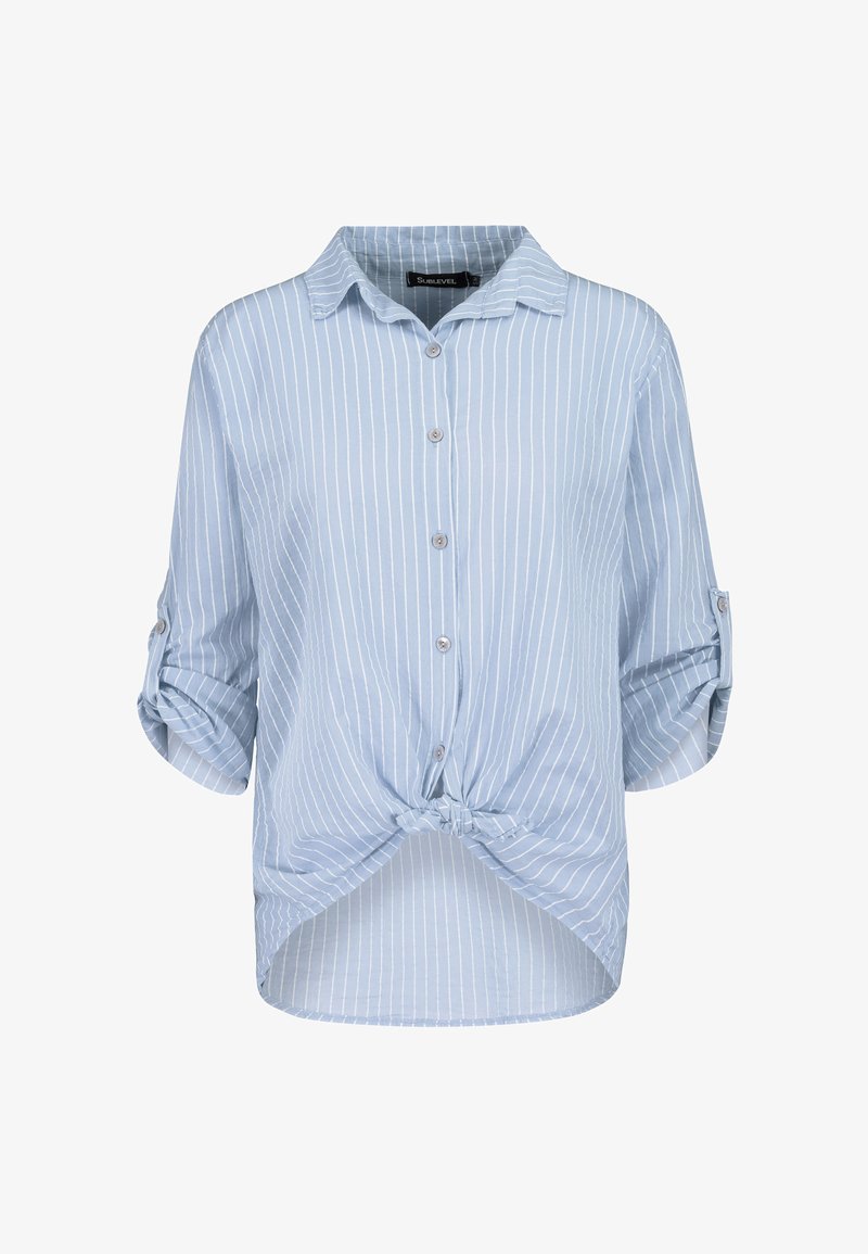 Light blue, short-sleeve button-up shirt with white stripes, knotted front detail, and rolled sleeves. Soft fabric with a casual silhouette.