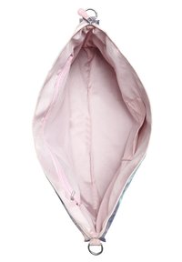 Zippered fabric pouch with a light pink interior. Features a mesh pocket and a snap ring. Exterior has colorful patterns.