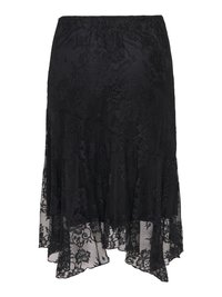 Jupe noire longueur genou avec overlay de dentelle florale et ourlet asymétrique, cintrée à la taille et fluide vers le bas.
