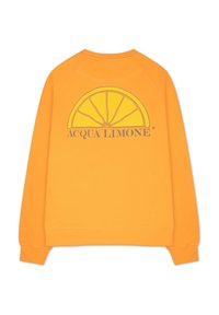 Orange sweatshirt med raglanärmar, med en gul skivad citron grafik och texten "ACQUA LIMONE" i grått på baksidan.
