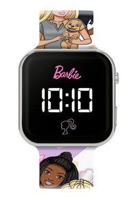 Montre connectée sur le thème de Barbie avec un affichage numérique noir affichant "10:10", un boîtier argenté et un bracelet coloré comportant des personnages et des motifs illustrés.