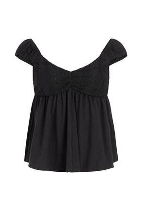 Zwarte off-shoulder blouse met korte mouwen, kanten detail aan de bovenkant en een losse, luchtige onderste gedeelte.